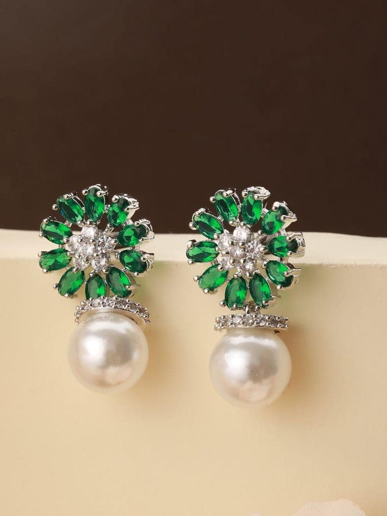 Silver Plated Green AD & Pearl Beaded Floral Earrings view 4
