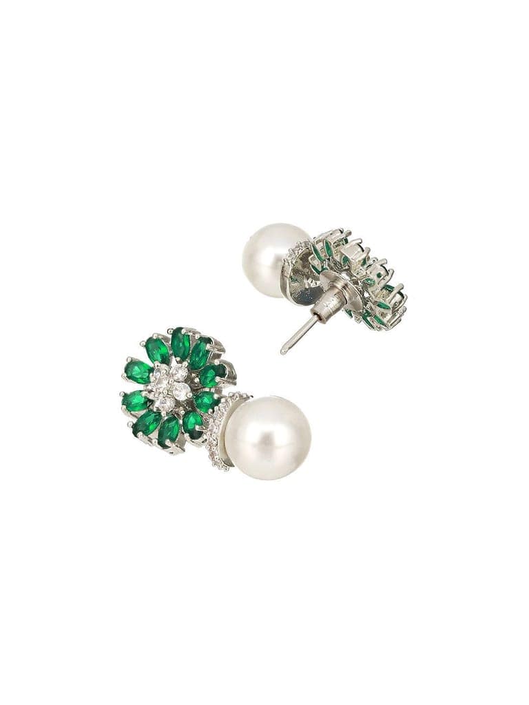 Silver Plated Green AD & Pearl Beaded Floral Earrings view 7