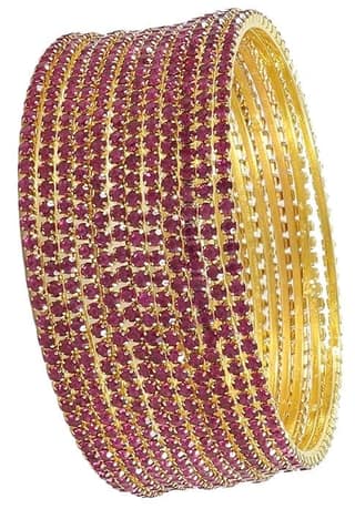 Set of 8 Traditional Indian Bangle Bracelets with Pink Rhinestones in Gold Plated Setting