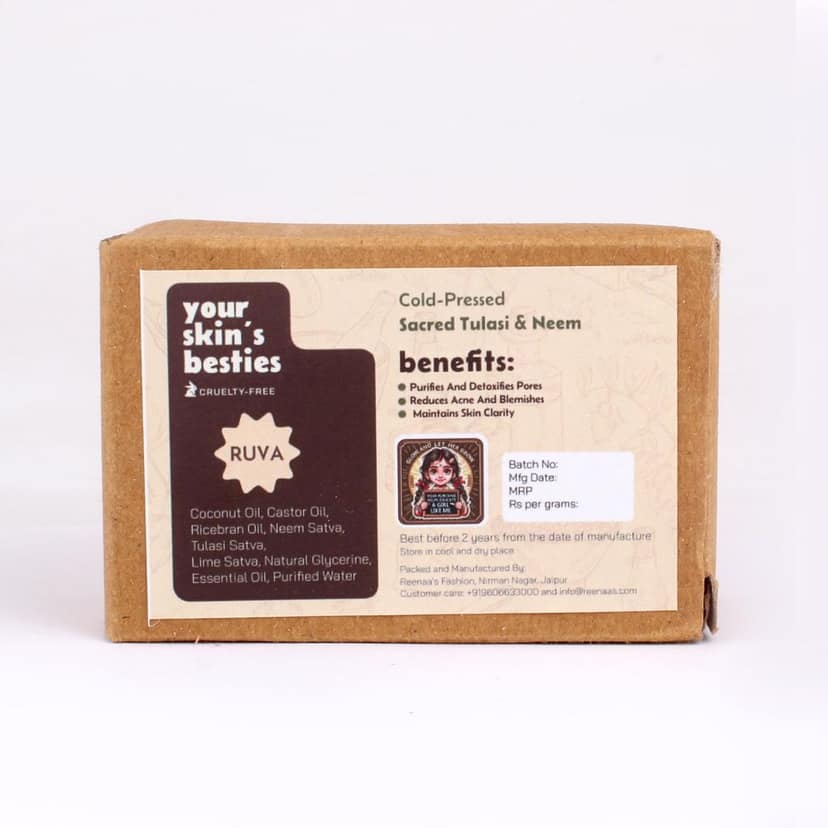 RUVA Handmade Sacred Tulasi & Neem Cold-Pressed Ayurvedic Soap Bar with Pure Neem Extract | Daily Ritual, Balanced Skin | Velvety Lather, Face Safe | Ritual Skincare for All Skin Types view 3