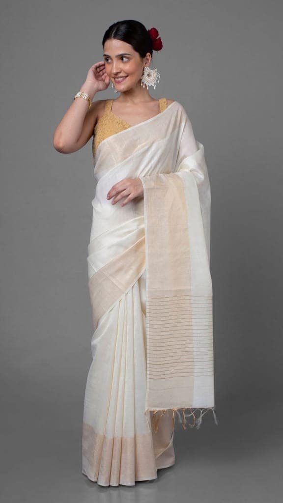 Silkmark Certified Moonga Tussar White Silk Saree with Running Blouse Handcrafted-4279