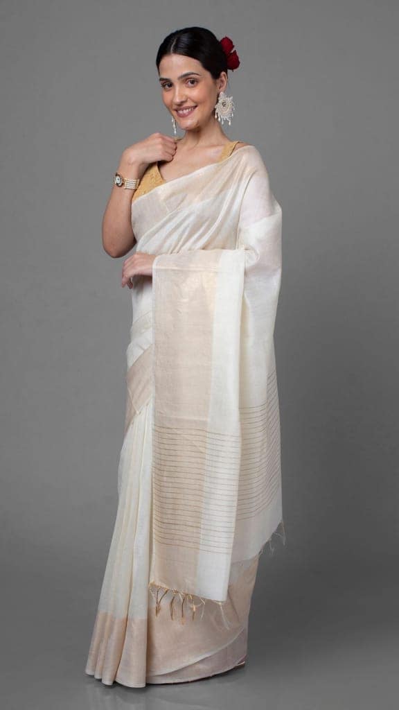 Silkmark Certified Moonga Tussar White Silk Saree with Running Blouse Handcrafted-4279 view 2