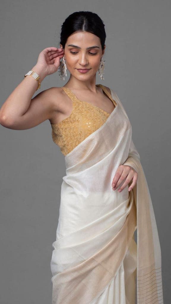 Silkmark Certified Moonga Tussar White Silk Saree with Running Blouse Handcrafted-4279 view 3