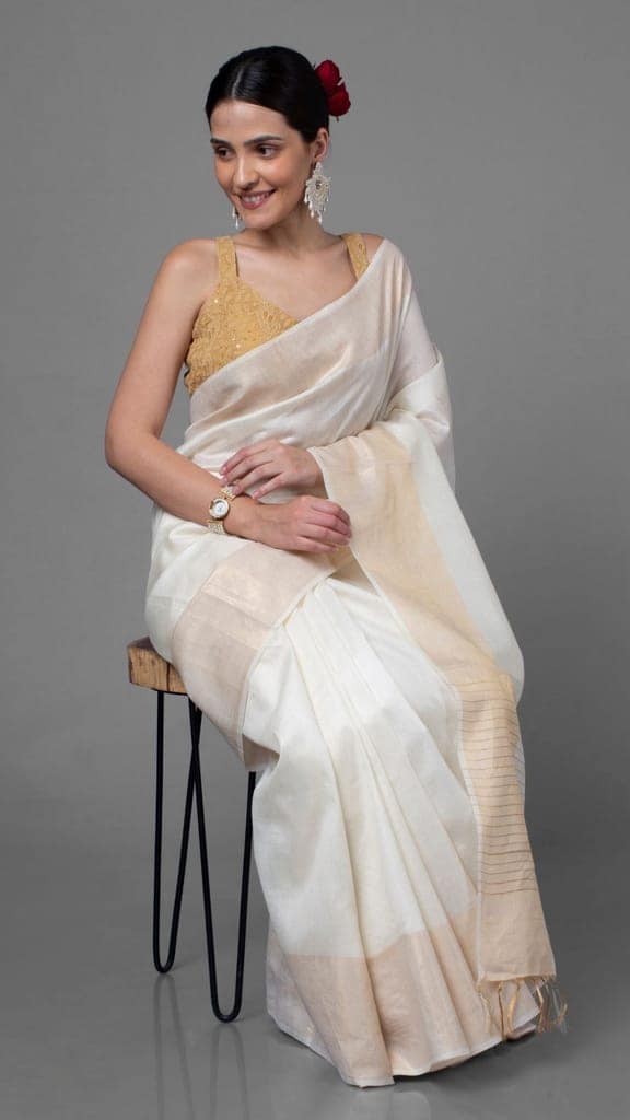 Silkmark Certified Moonga Tussar White Silk Saree with Running Blouse Handcrafted-4279 view 4