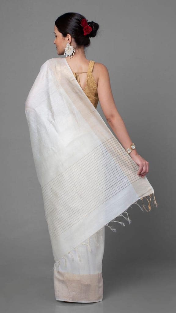 Silkmark Certified Moonga Tussar White Silk Saree with Running Blouse Handcrafted-4279 view 6