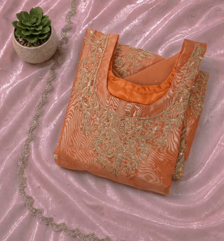 Handcrafted Zari Zardozi Tissue Kurta Dupatta Set view 2