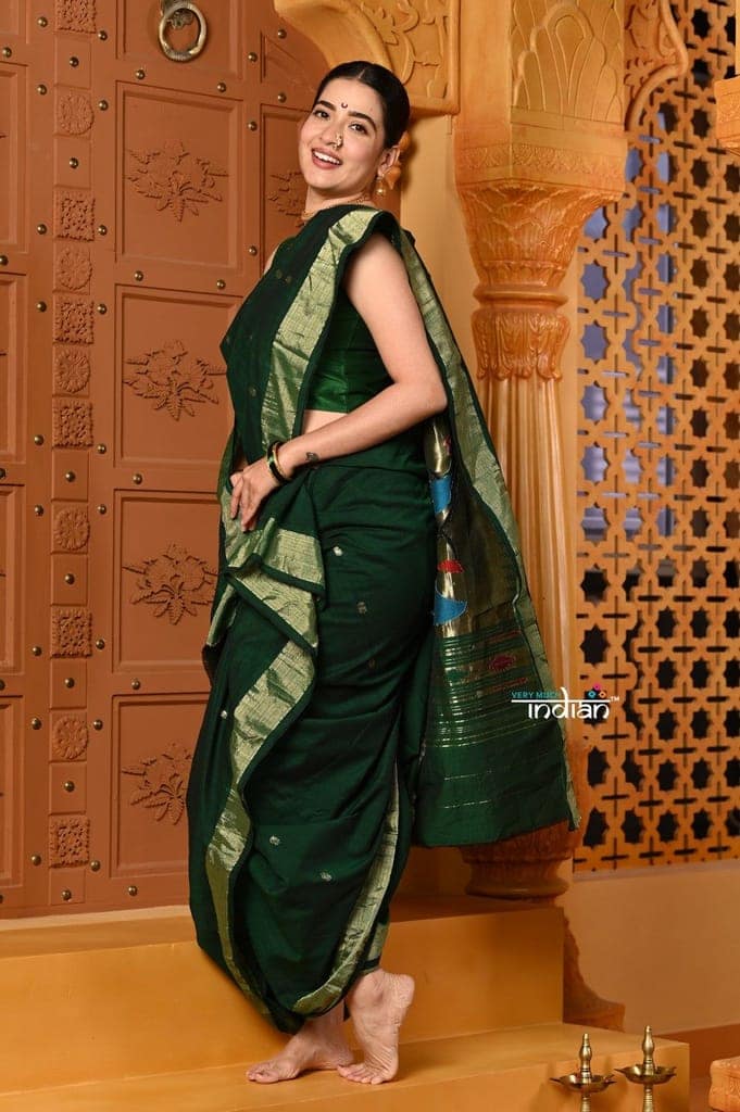 Shubh ~ Authentic Pure Cotton Handloom Nauvari Paithani Saree with Peacock Pallu in Dark Green view 2