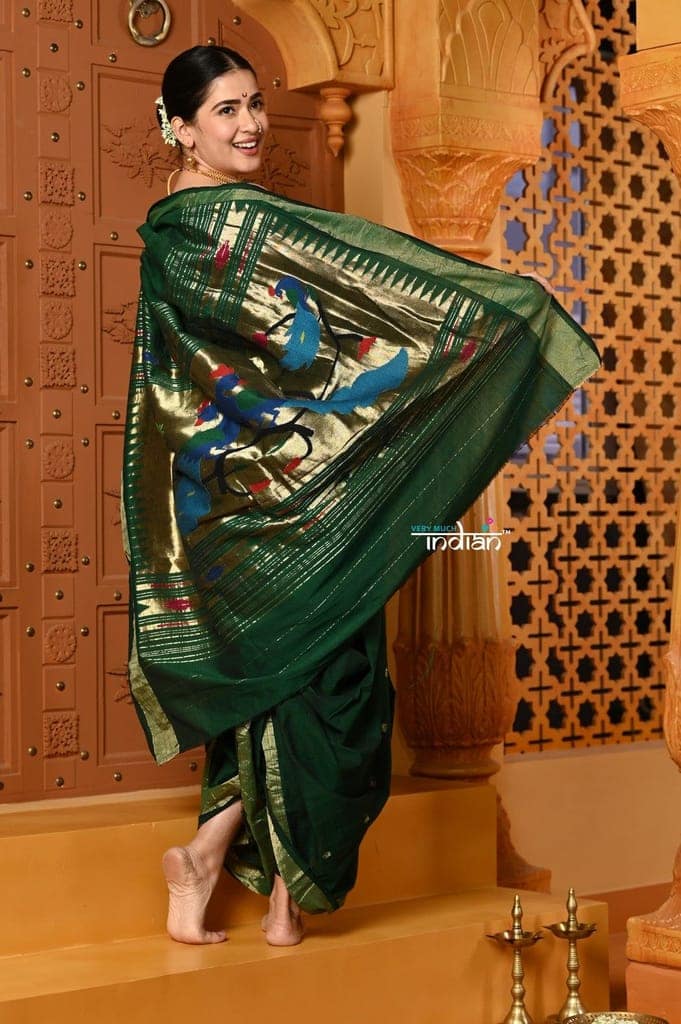 Shubh ~ Authentic Pure Cotton Handloom Nauvari Paithani Saree with Peacock Pallu in Dark Green view 3