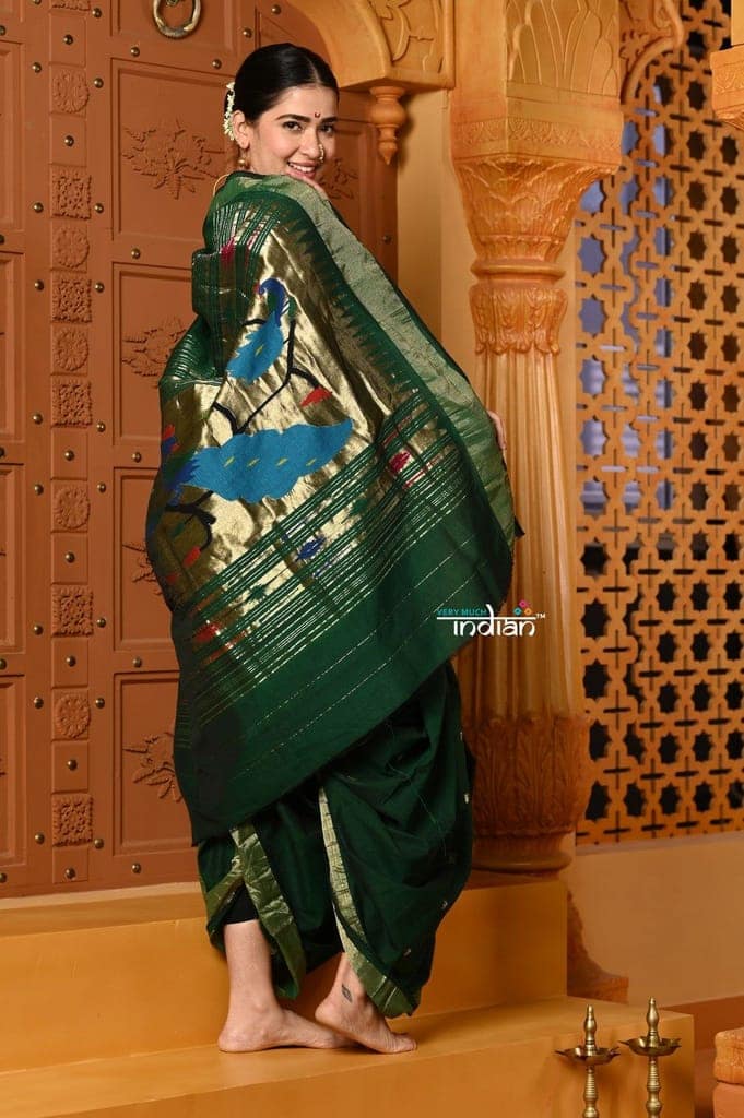 Shubh ~ Authentic Pure Cotton Handloom Nauvari Paithani Saree with Peacock Pallu in Dark Green view 4
