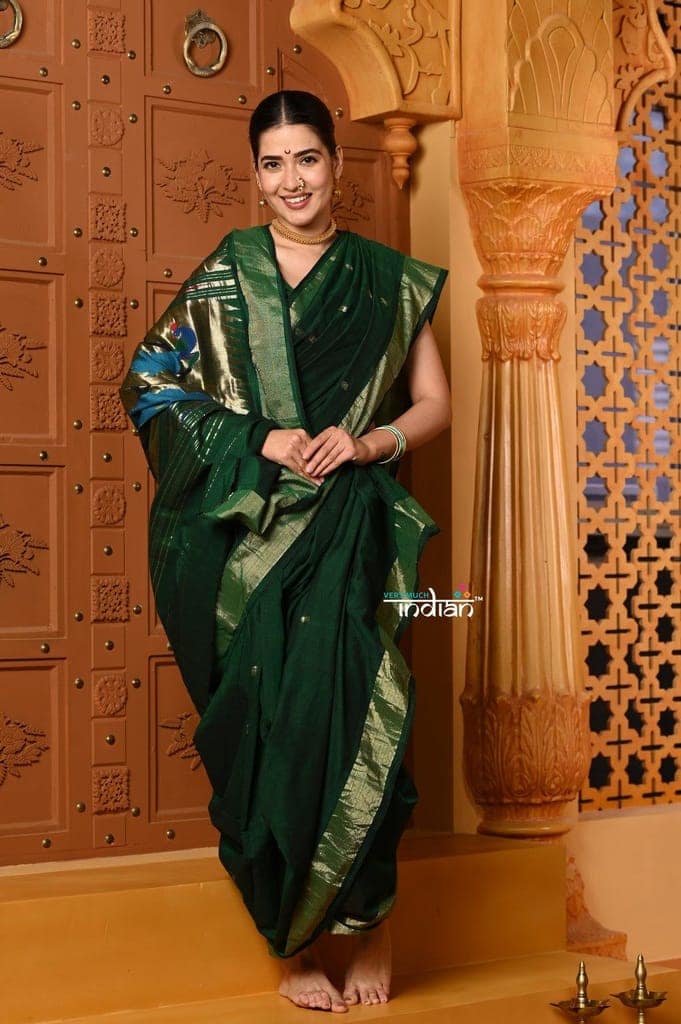 Shubh ~ Authentic Pure Cotton Handloom Nauvari Paithani Saree with Peacock Pallu in Dark Green view 5