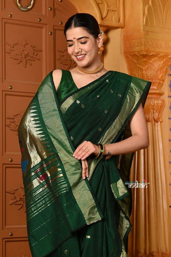 Shubh ~ Authentic Pure Cotton Handloom Nauvari Paithani Saree with Peacock Pallu in Dark Green view 6