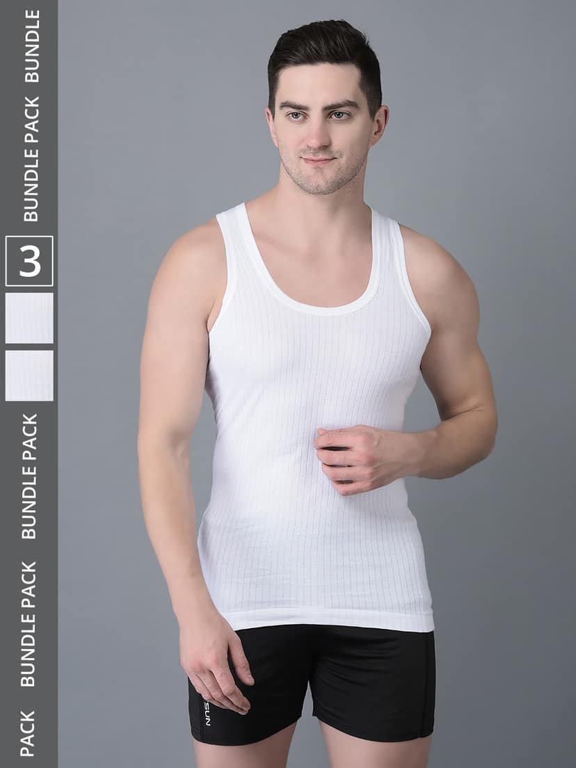 Men's White Pack of 3 Solid Combed Cotton Vest