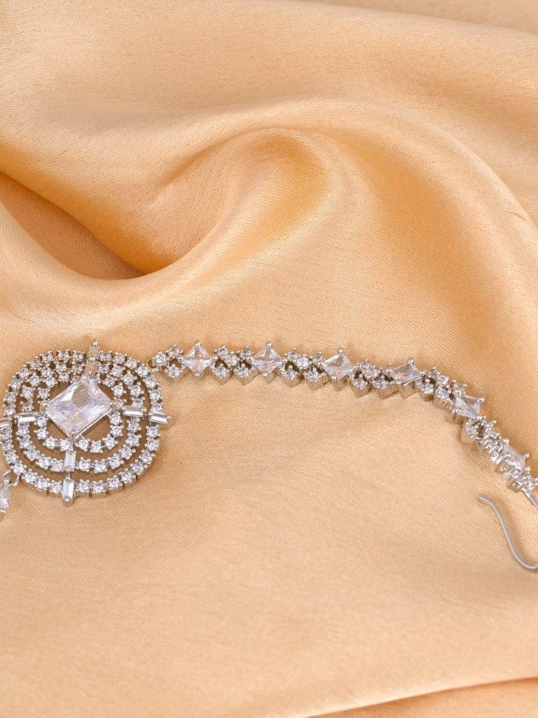 Solitaire Maang Tikka AD studded Silver plated for Women & Girls view 3
