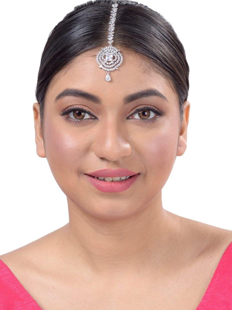 Solitaire Maang Tikka AD studded Silver plated for Women & Girls view 4