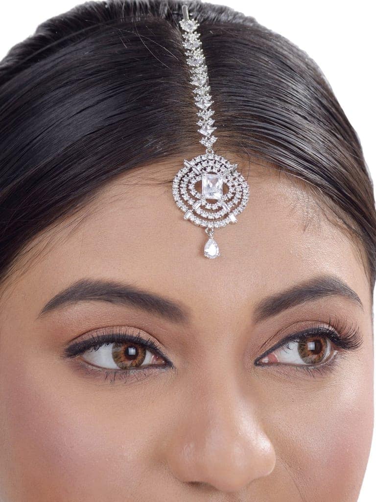 Solitaire Maang Tikka AD studded Silver plated for Women & Girls view 5