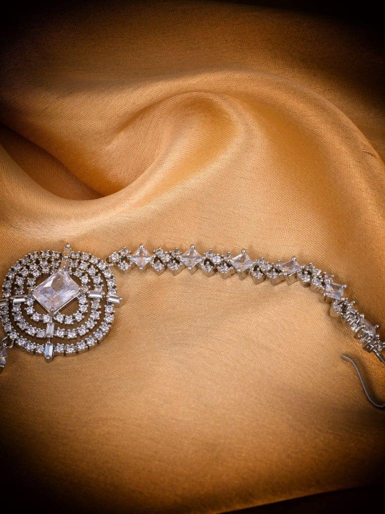 Solitaire Maang Tikka AD studded Silver plated for Women & Girls view 7