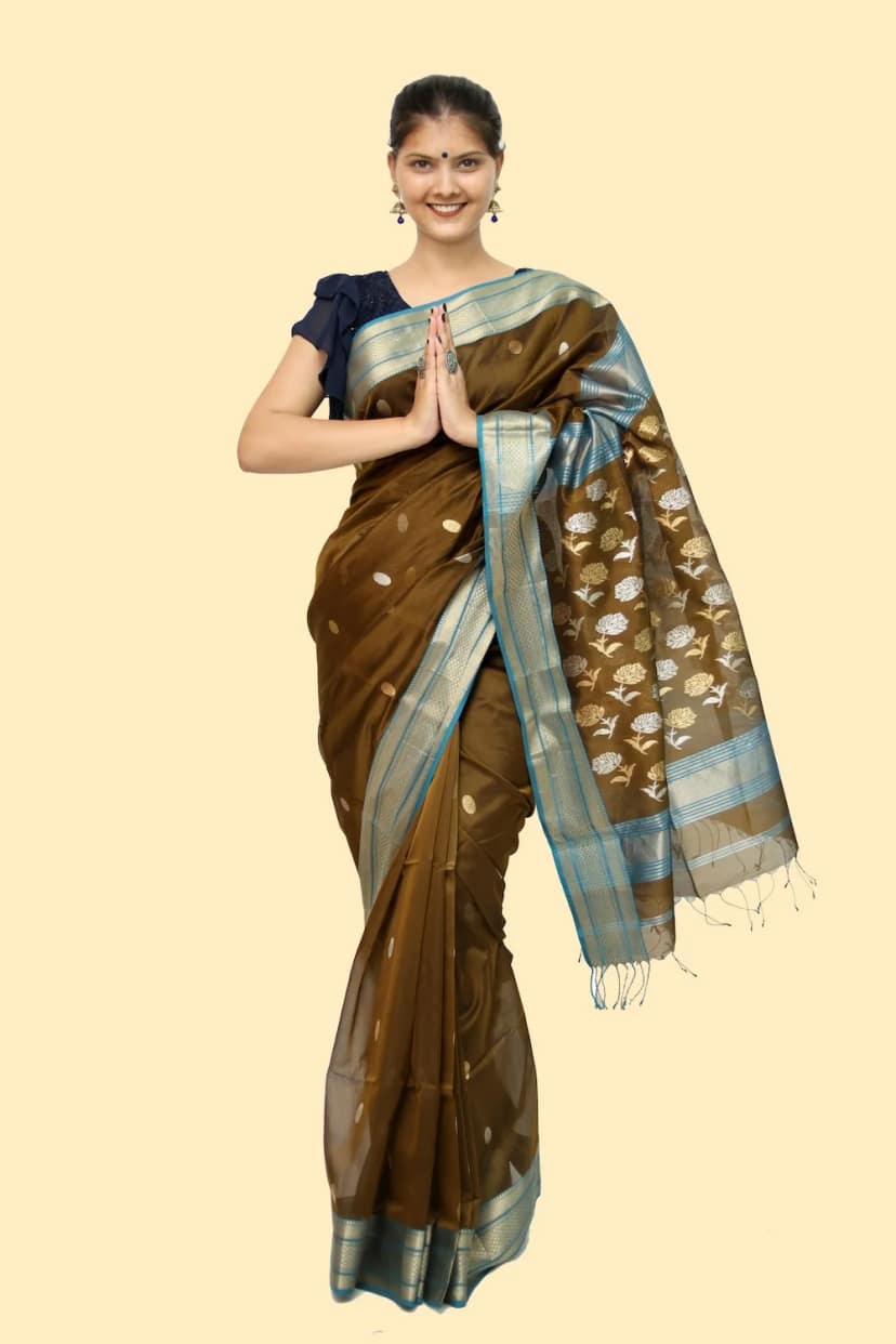Heavenly Hema Heritage Coin motif handwoven Saree with Tassels – Mehndi Green view 3