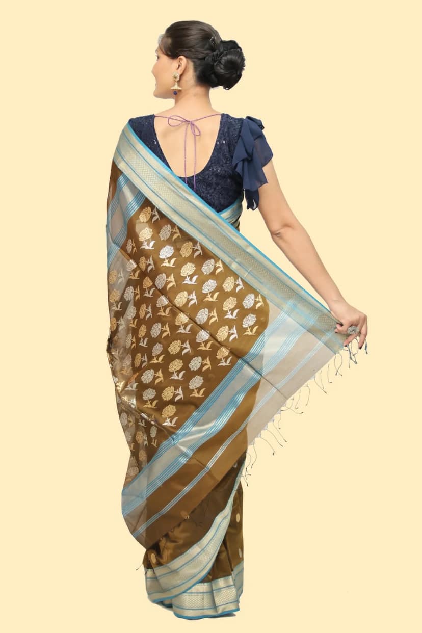 Heavenly Hema Heritage Coin motif handwoven Saree with Tassels – Mehndi Green view 4