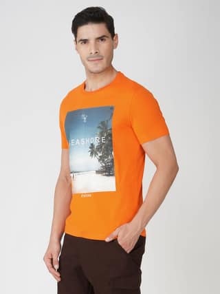 Men’s Graphic Print Round Neck Cotton T-Shirt-Orange
