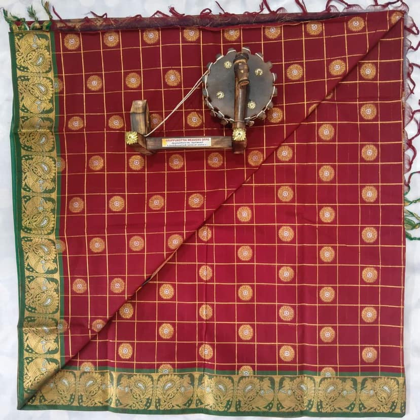 1000 Putta Original Cotton Saree with Blouse - Red view 4