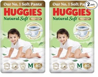 Huggies Natural Soft Premium Baby Diaper Pants, Our No.1 Soft Pants, Medium (M) Size (7-12 Kgs), Pack of 80 diapers | Cloud Softness All over with India's 1st Cloud Touch Belt Huggies Natural Soft Premium Baby Diaper Pants, Our No.1 Soft Pants, Medium (M