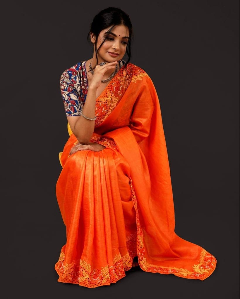 Silkmark Certified Pure Tussar Hand Cutwork Saree Orange Color (Tussar by Tussar Fabric)-6258