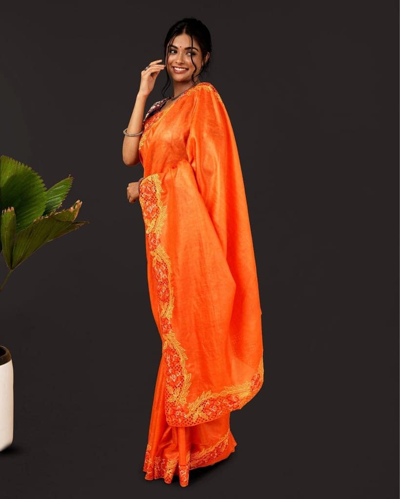 Silkmark Certified Pure Tussar Hand Cutwork Saree Orange Color (Tussar by Tussar Fabric)-6258 view 2