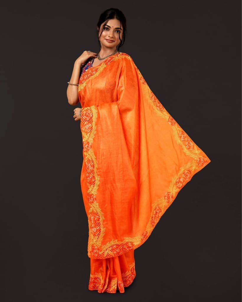 Silkmark Certified Pure Tussar Hand Cutwork Saree Orange Color (Tussar by Tussar Fabric)-6258 view 3