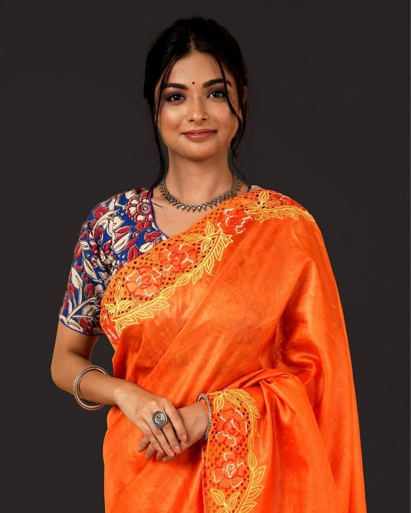 Silkmark Certified Pure Tussar Hand Cutwork Saree Orange Color (Tussar by Tussar Fabric)-6258 view 4