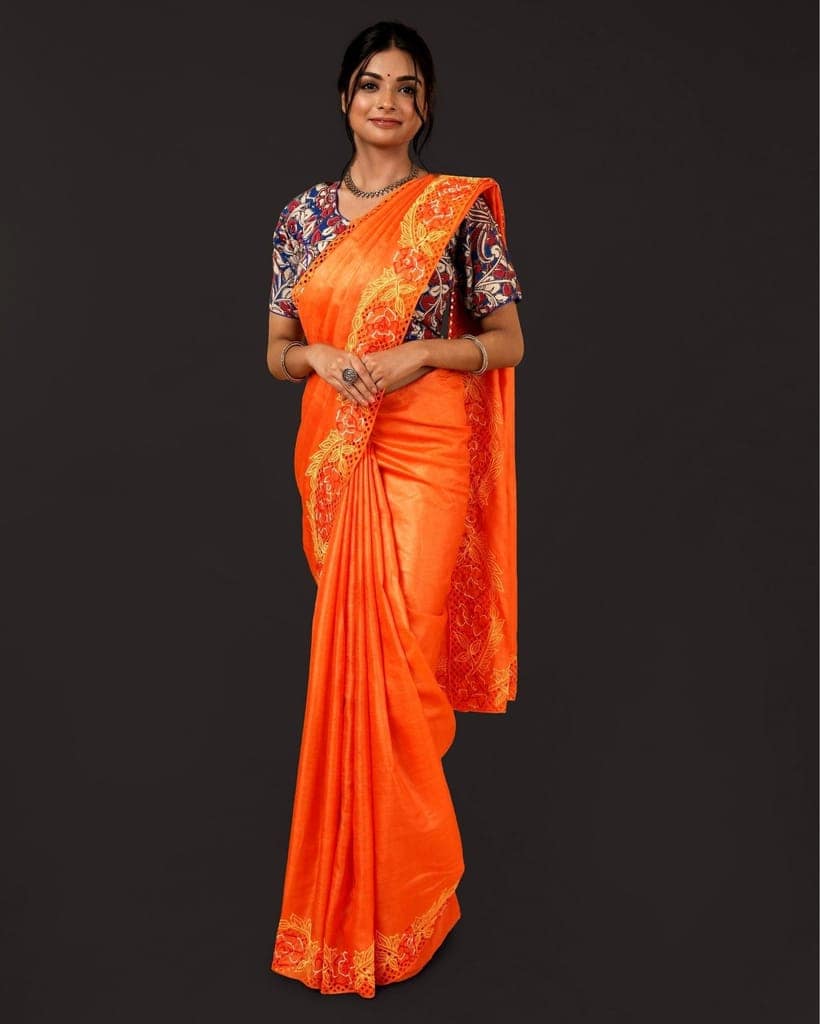 Silkmark Certified Pure Tussar Hand Cutwork Saree Orange Color (Tussar by Tussar Fabric)-6258 view 5