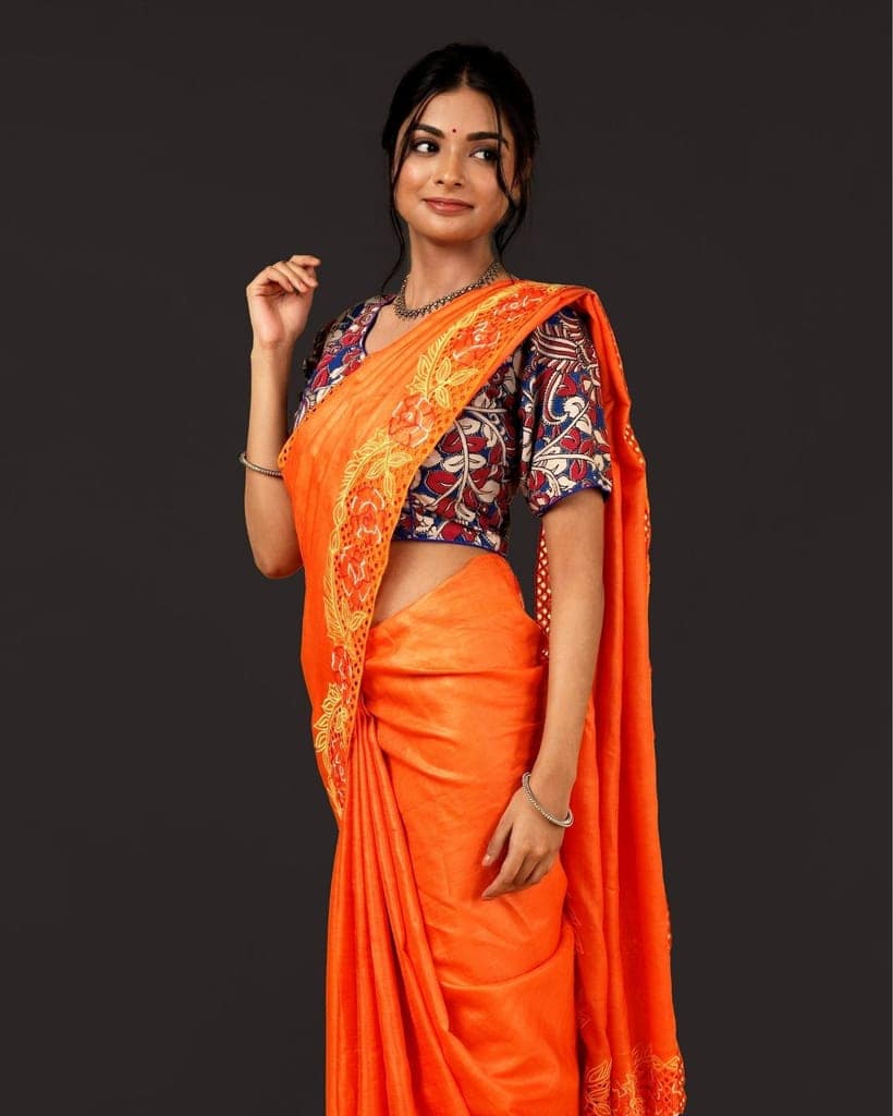 Silkmark Certified Pure Tussar Hand Cutwork Saree Orange Color (Tussar by Tussar Fabric)-6258 view 6