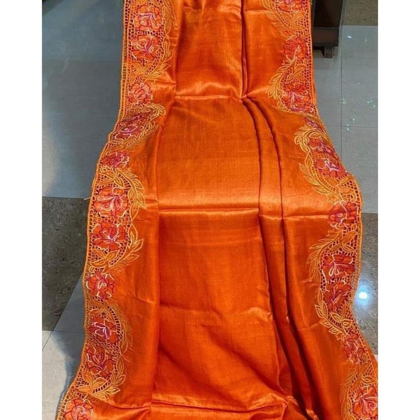 Silkmark Certified Pure Tussar Hand Cutwork Saree Orange Color (Tussar by Tussar Fabric)-6258 view 7