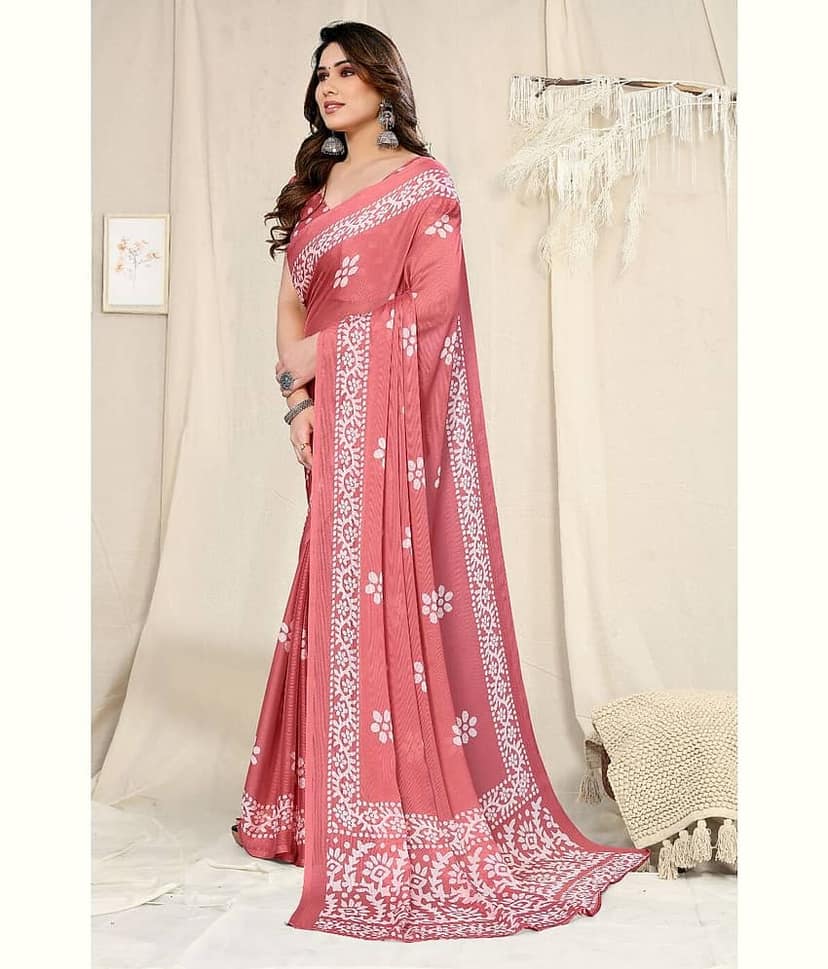 BLEESBURY Chiffon Printed Saree With Unstitched Blouse Piece ( Wine ) view 2