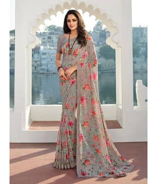 BLEESBURY Georgette Printed Saree With Unstitched Blouse Piece ( Pink )