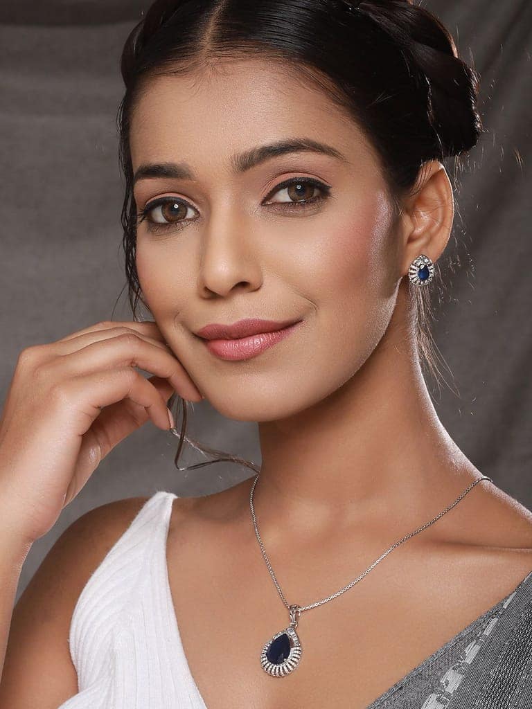 Silver Plated Blue Sapphire Tilak AD studded Pendant Locket Jewellery Set view 2