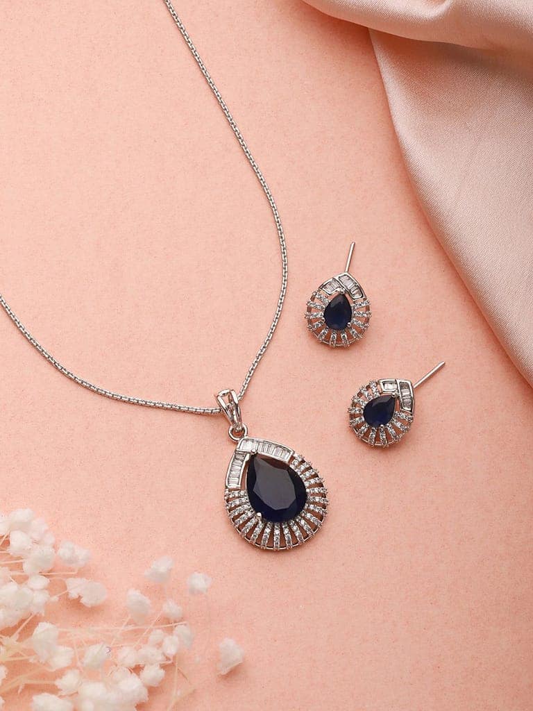 Silver Plated Blue Sapphire Tilak AD studded Pendant Locket Jewellery Set view 3
