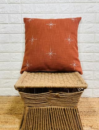 Indihomecraft Handicraft Cotton Cushion Cover - Hand Stitched Embroidery Decorative Art Boho Pillow Star Shape Red Brick Hand Made Pillow Cover | Square Shape 18X18 Inches Cushion Cover