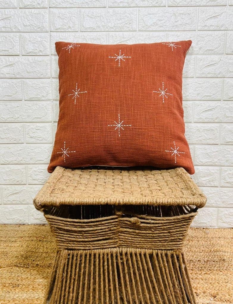 Indihomecraft Handicraft Cotton Cushion Cover - Hand Stitched Embroidery Decorative Art Boho Pillow Star Shape Red Brick Hand Made Pillow Cover | Square Shape 18X18 Inches Cushion Cover