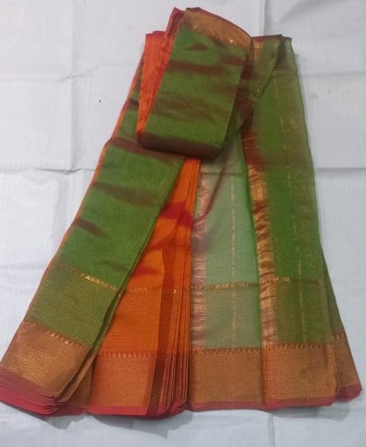 Green and Orange Pure Handloom Cotton Saree With Blouse Piece view 2