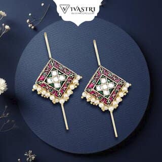 Vivastri Enamelled Polki Kundan Gold Plated Pearl Alloy Ear cuff,Cuff Earrings for Women & Girls - VIVA2818ERG