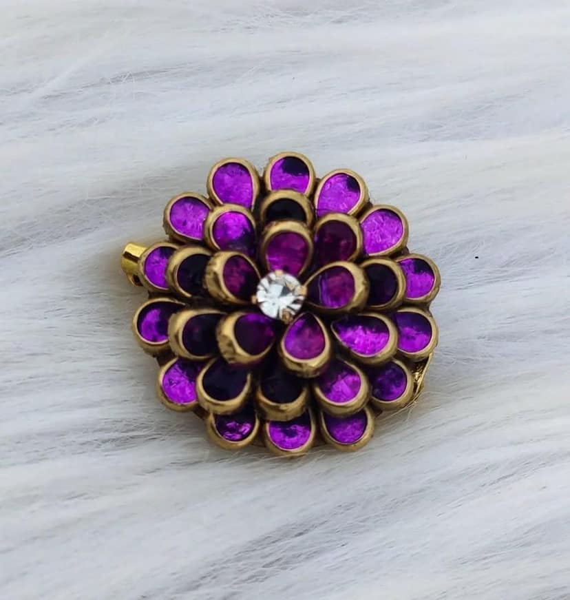 Gold Plated Purple Enameled Flower Brooch with Rhinestone Center view 2