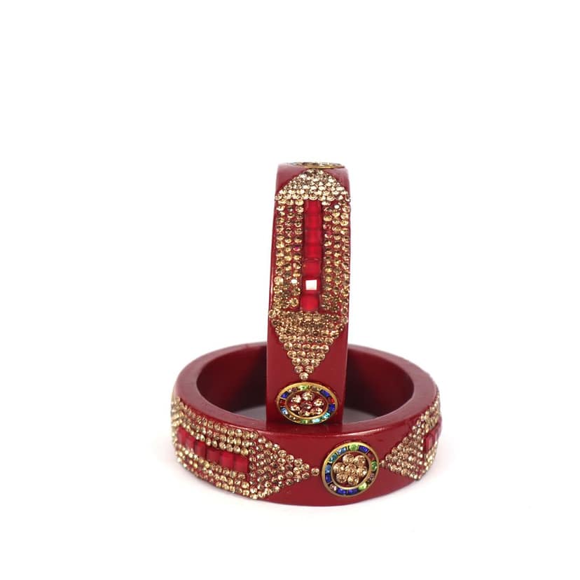 FHS Crystal Work Rajasthani Lac Bangles - Meroon (piece 2) view 4