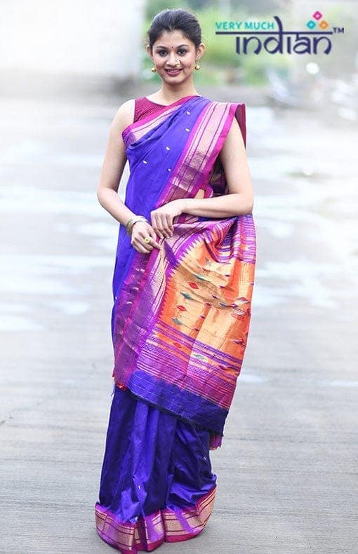 Pure Silk Handloom Yeola Paithani - Traditional Double Pallu - Dark Blue with Purple border view 4