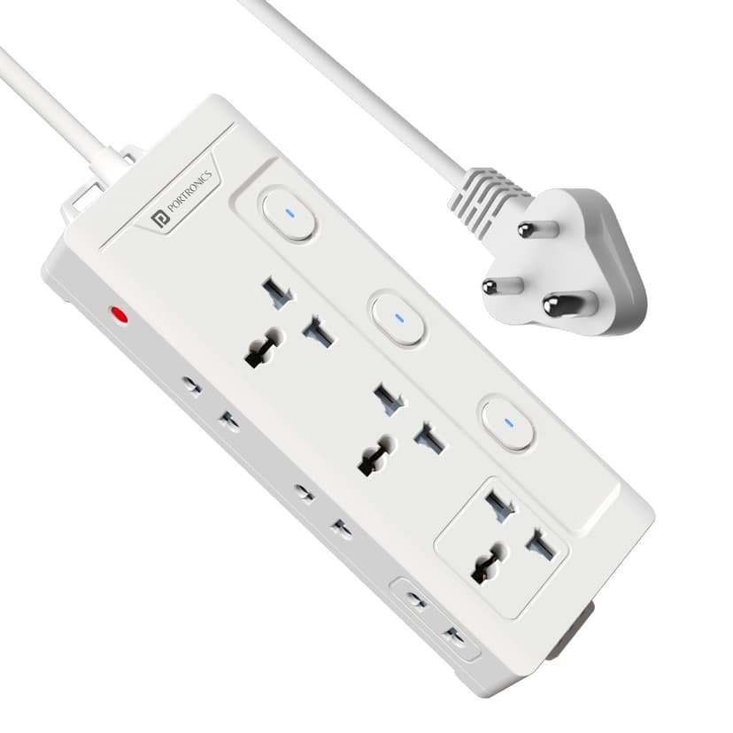 Portronics Power Plate 10 Pro Universal Sockets x3, Side 2-Pin Sockets x3, Individual Switches with LED Indicators, 2M Long Cord, Overload Protection, Wall Mount Design, 2500W Total Output - White
