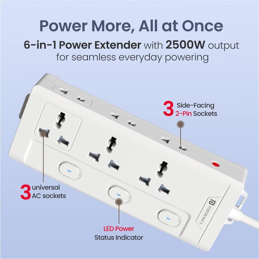 Portronics Power Plate 10 Pro Universal Sockets x3, Side 2-Pin Sockets x3, Individual Switches with LED Indicators, 2M Long Cord, Overload Protection, Wall Mount Design, 2500W Total Output - White view 2
