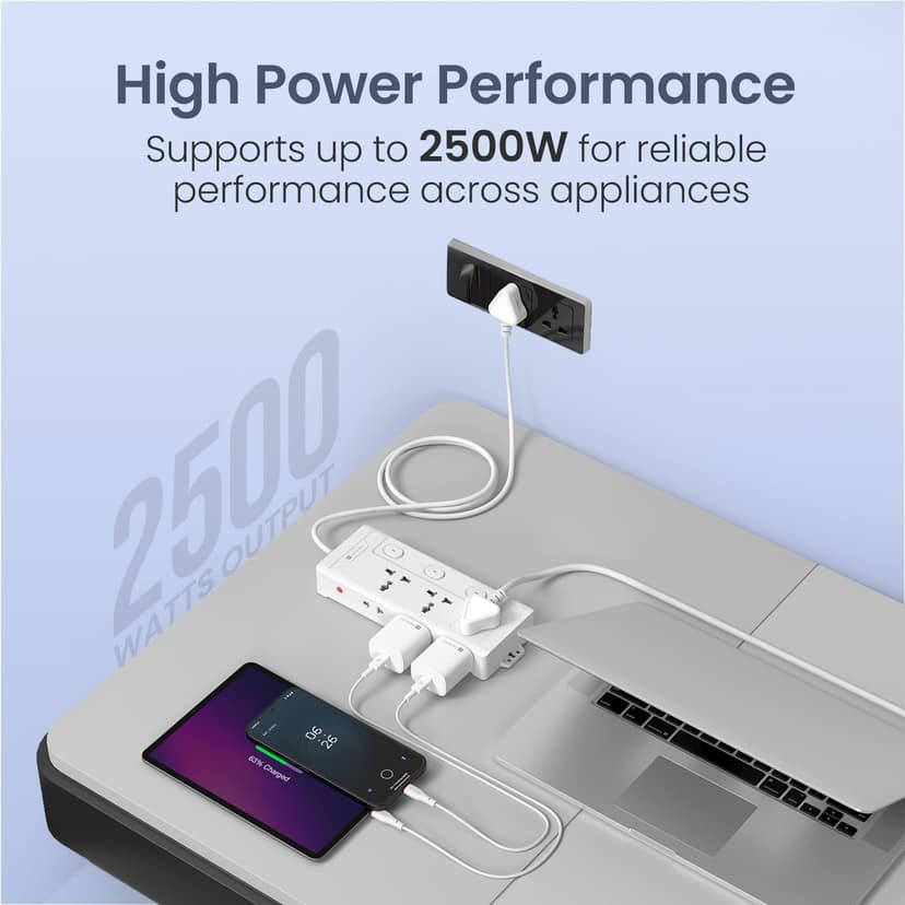 Portronics Power Plate 10 Pro Universal Sockets x3, Side 2-Pin Sockets x3, Individual Switches with LED Indicators, 2M Long Cord, Overload Protection, Wall Mount Design, 2500W Total Output - White view 4