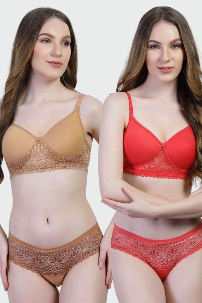 Pack of 2 Cotton Lace Bra Panty Set | Women�s Padded Lingerie Innerwear view 2