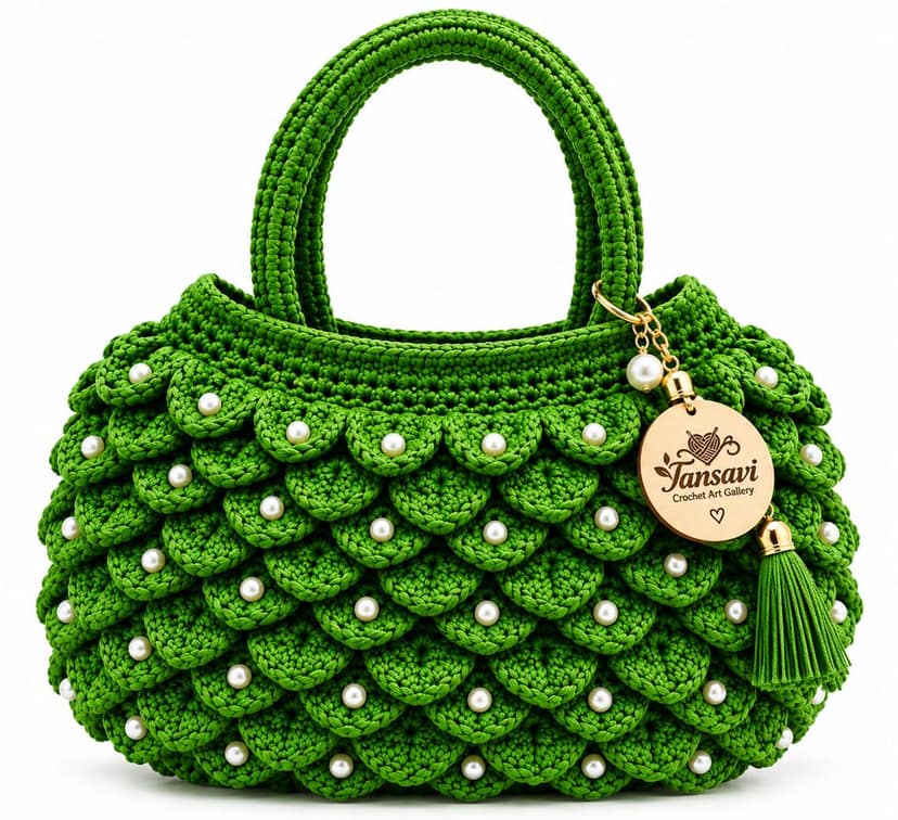 Tansavi Crochet Art Gallery Handmade Green Crochet Pearl Handbag for Women – Stylish Handcrafted Shoulder & Hand Bag