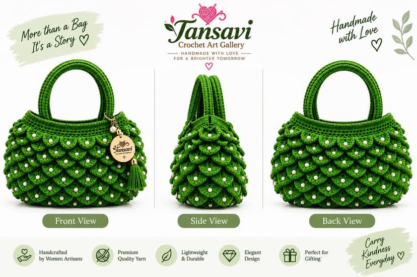 Tansavi Crochet Art Gallery Handmade Green Crochet Pearl Handbag for Women – Stylish Handcrafted Shoulder & Hand Bag view 2