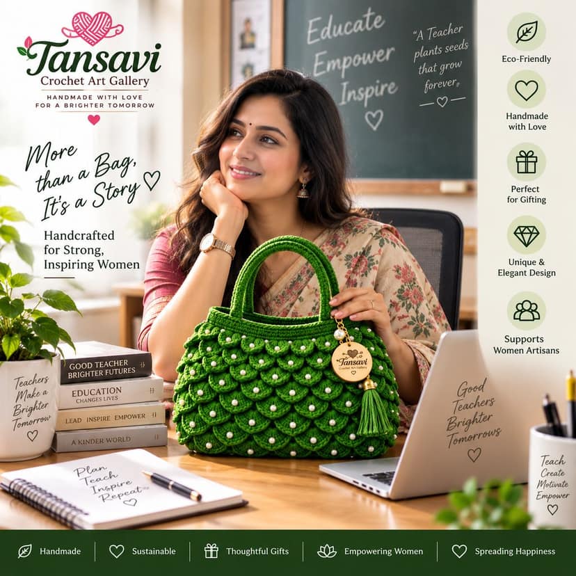 Tansavi Crochet Art Gallery Handmade Green Crochet Pearl Handbag for Women – Stylish Handcrafted Shoulder & Hand Bag view 3